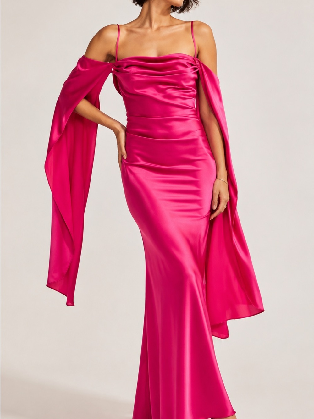 Asos- Fuchsia Satin Off-Shoulder Gown